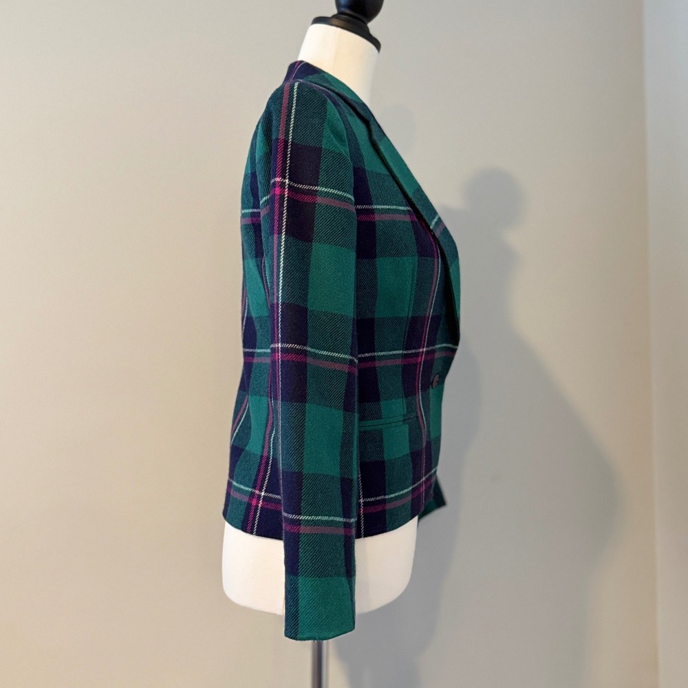 Vintage 80s Plaid Wool Blend Blazer – Teal Green Navy Pink – Petite Size 10 - Picture 6 of 15
